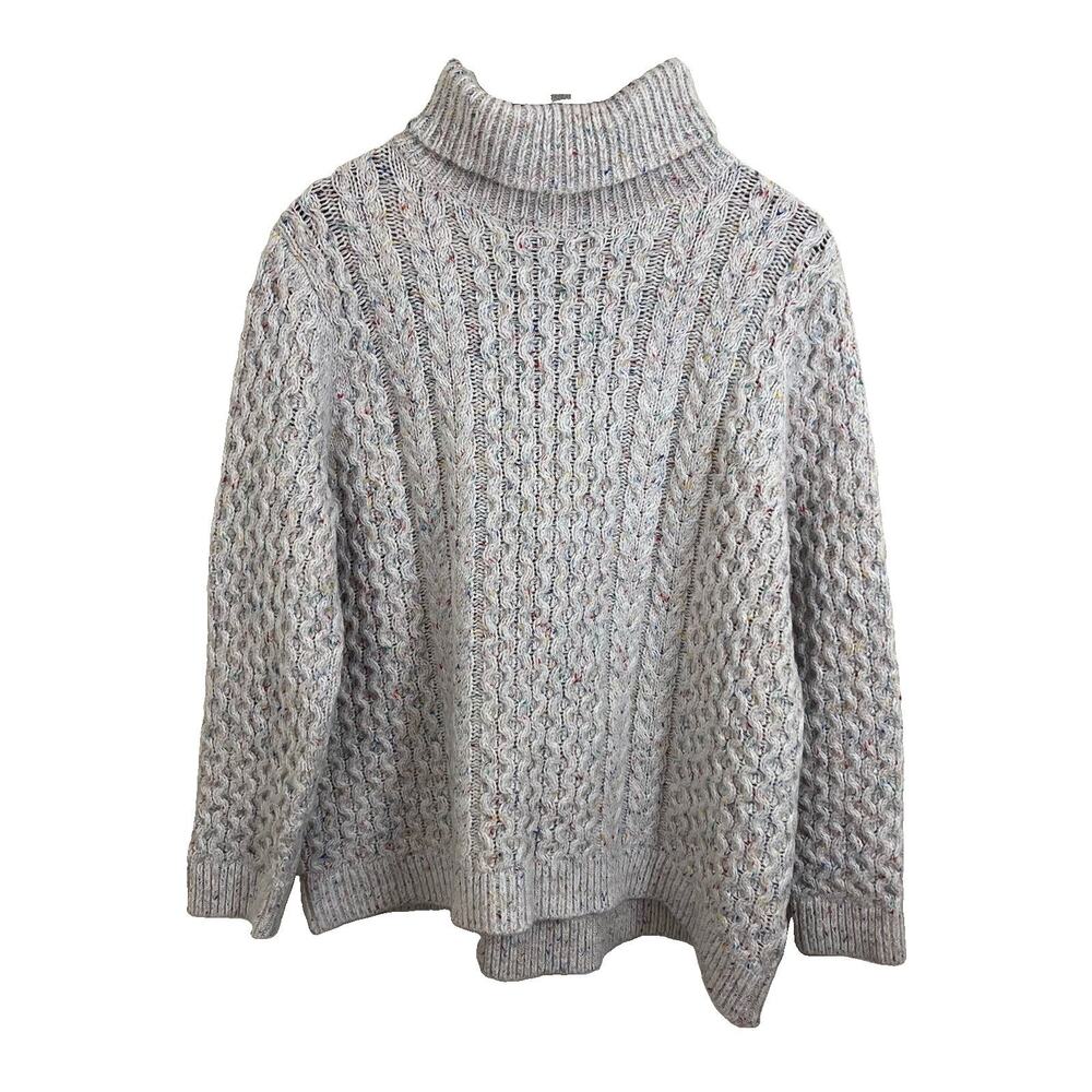 Lands End Wool Blend Chunky Cable Knit Turtleneck Sweater 1X Cream Confetti Boxy